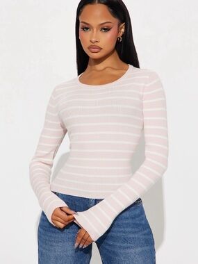 Fashion Nova Pink and White Striped Ribbed Long Sleeve Top